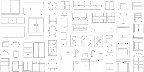 Collection of hand drawn line art illustrations of various furniture and home appliances