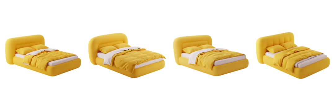 A sequence of four identical yellow beds arranged horizontally displayed against a dark backdrop isolated on transparent background 3D icon - Powered by Adobe