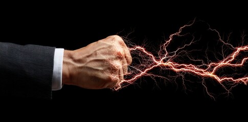 A clenched fist in a suit sleeve emitting red lightning bolts against a black background