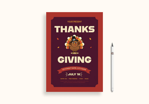 Retro Thanksgiving Turkey Dinner Party Flyer with Illustration