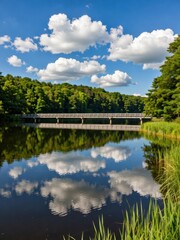 Fototapeta premium Tranquil reflection of clouds over a serene lake nature landscape summer day peaceful environment
