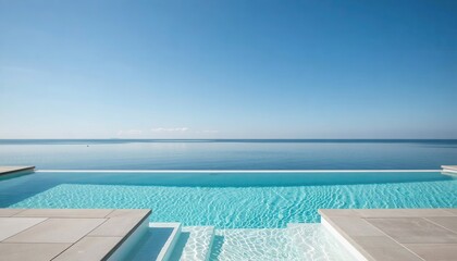 Obraz premium Relaxing infinity pool overlooking serene ocean landscape luxury resort outdoor wide angle view tranquility