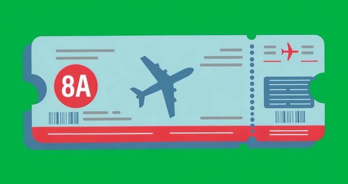 On start ticket rotating on transparent background to reveal seat 8A and returning to front