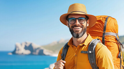 Smiling male hiker wearing glasses and straw hat with orange backpack, standing outdoors near sea and mountains, enjoying adventure