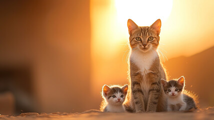Mother cat standing protectively over two kittens in warm sunset light, outdoor, family love, peaceful, adorable, nature
