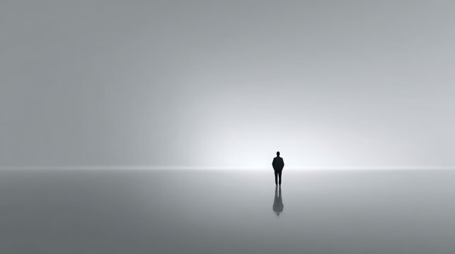 subtle shadow of a tired human silhouette in the distance, central negative space for text, concept: Loneliness, antisocial behavior, depression, overwork, 16:9