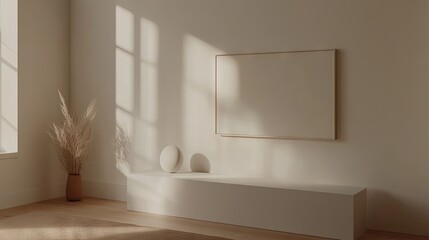 Fototapeta premium Minimalist interior scene featuring a blank canvas, pampas grass, and a smooth orb on a low platform bathed in warm sunlight. Neutral tones and clean lines dominate the composition