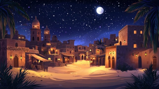 Night ancient arab city in desert cartoon landscape. Dark old arabian building in Egypt town.