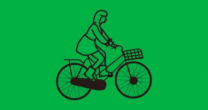 On start, line-drawing woman riding bicycle looping endlessly over transparent backdrop