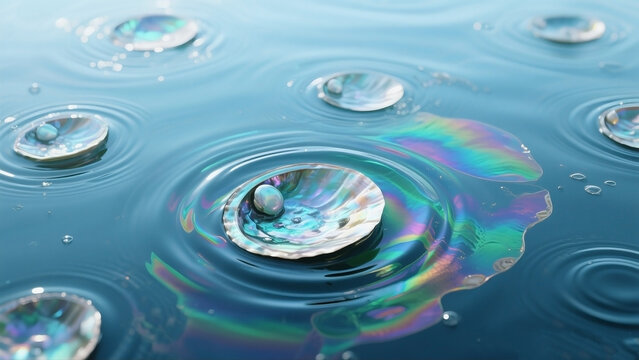 A top view of calm ripples, but the surface has a colorful sheen like an oil spill or an abalone shell. Each ripple captures a different spectrum of colors.