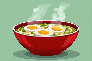 Steaming bowl of noodle soup, three halved hard-boiled eggs, green onions visible, red bowl on a muted green background
