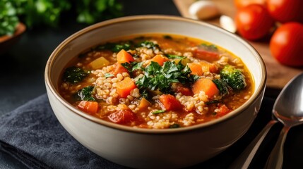 Hearty vegetable and lentil soup in ceramic bowl with fresh herbs and tomatoes