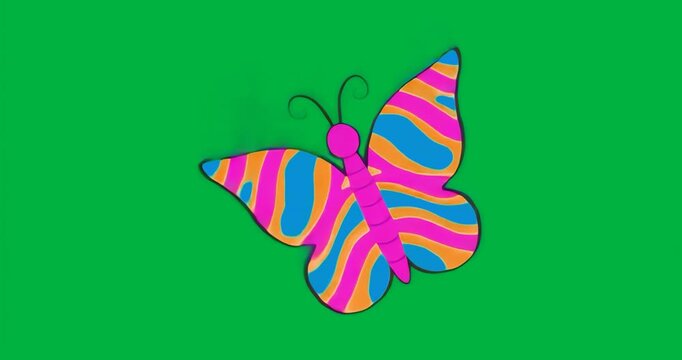 Stylized butterfly fading, swirling turquoise haze amid black dots on clear bg glowing contracting