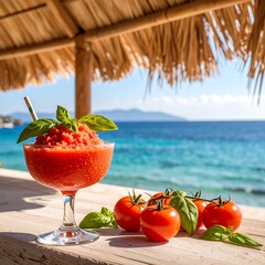 Refreshing tomato drink on beach