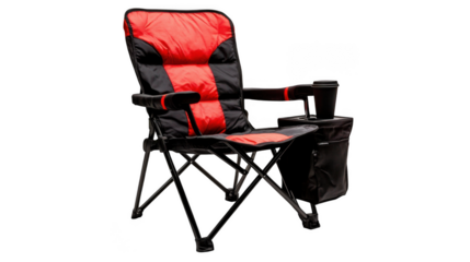 A red and black folding camping chair with a cup holder on a black background is shown here