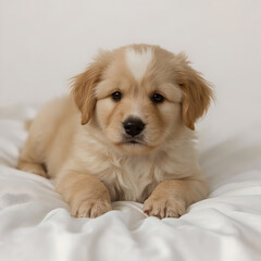Adorable Golden Retriever Puppy Resting on a White Bed