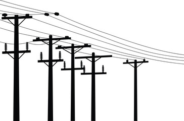Utility poles with overhead power lines, electrical distribution infrastructure, rural energy supply, perspective view, sagging cables, insulators, crossarms, depth, distance, countryside, 