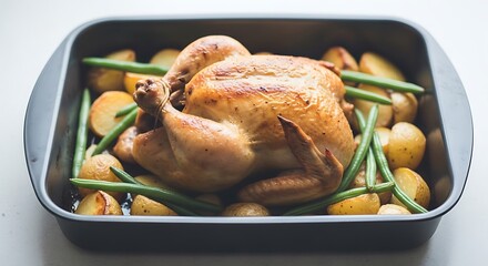 Roasted Chicken with Potatoes and Green Beans.
