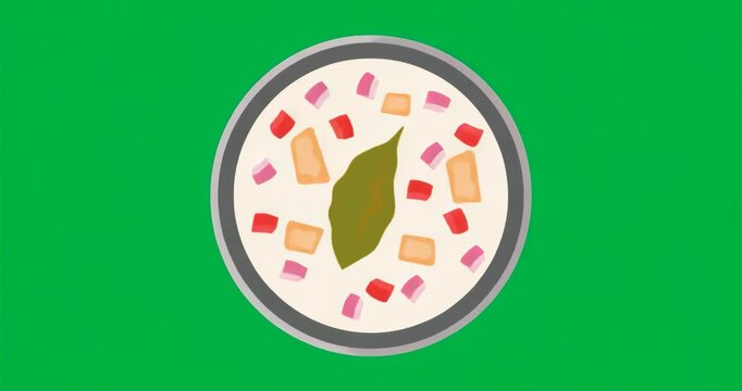 On start soup bowl rotating orange segment and shifting bits stirring with transparent background