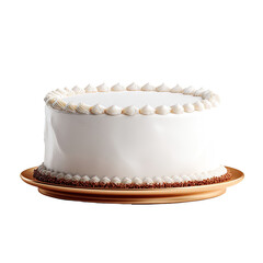 Plain white cake with frosting border on a gold plate