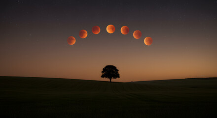 Blood Moon Eclipse over Lone Tree at Night