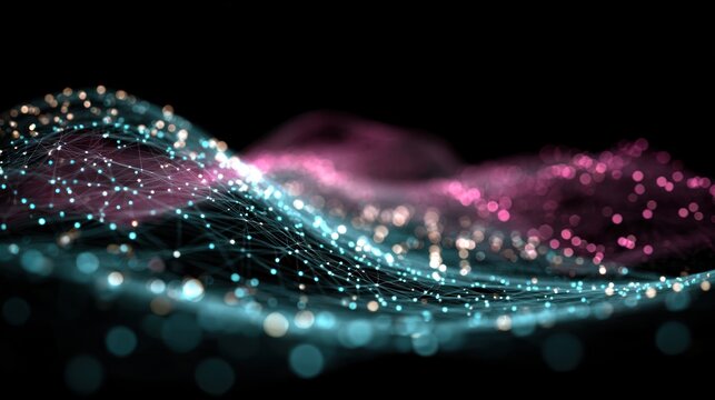 Abstract, colorful waves of interconnected glowing particles flow across a black background, creating depth and visual interest