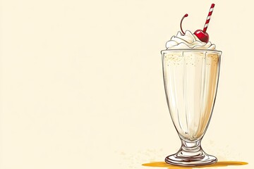 A creamy milkshake in a tall glass with whipped cream, a cherry, and a striped straw sits on a beige background.  The style is reminiscent of vintage diner illustrations