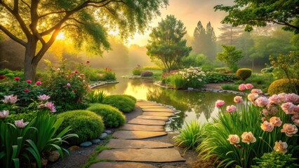 Serene Garden Path at Sunrise A Tranquil Landscape with Blossoming Flowers and a Reflective Pond