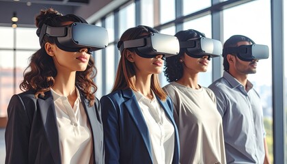 Diverse Team in VR Headsets Engaged in Immersive Product Design Visualization Standing in Modern Office with Natural Light and Blurred Background