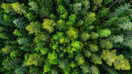 Fototapeta premium Lush canopy of trees from above, vibrant greens and varying shades create depth and texture, showcasing natural forest growth patterns
