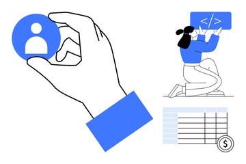 Hand holding profile icon, woman coding on a screen, spreadsheet with financial symbol. Ideal for collaboration, team building, coding, data management, recruitment, financial planning simple