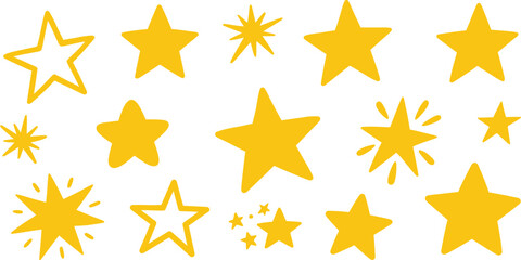 Collection of golden yellow hand drawn style stars on transparent background