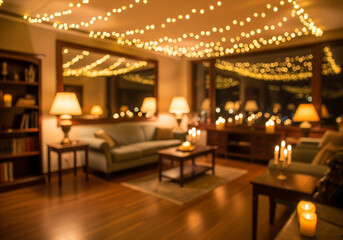 An out-of-focus interior with warm string lights creating a cozy, festive bokeh background for Christmas or Diwali.