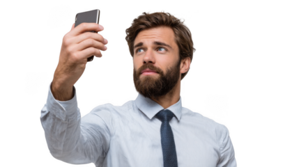 A bearded man in a shirt and tie taking a selfie with his smartphone against a black background