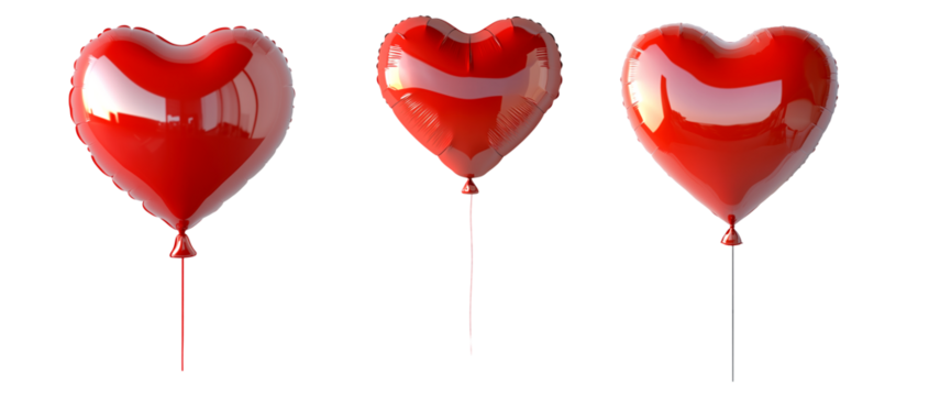 A glossy red heart-shaped foil balloon isolated on white transparent background, symbolizing love, romance and celebration of Valentine Day