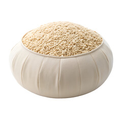 Bowl filled with small white grains or seeds on a white background beige