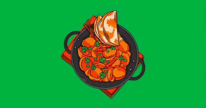CCW rotating pan leveling CW tilting on transparent background showing dumplings, chili peppers