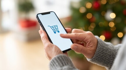Shopping on a smartphone during the holiday season with a decorated background