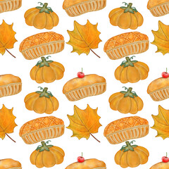 Seamless pattern of Autumn. Hand drawn watercolor illustration. For menus, labels, paper, textiles and seasonal fabric transparent background.