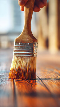 applying shellac over stian in wood table with a brush. AI generative.