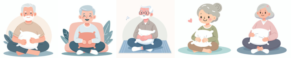 vector grandparent sitting on the floor hugging a pillow