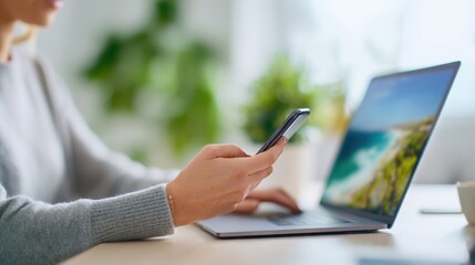 Person using smartphone while working on laptop at a desk with plants in a bright office space