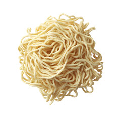 A mound of uncooked, light beige noodles, tangled and piled high