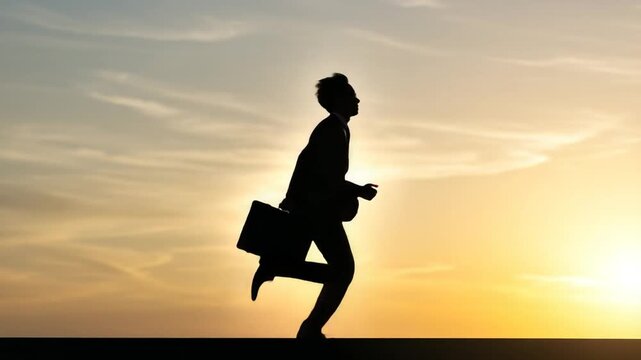 Businessman running at sunset with briefcase in hand - Powered by Adobe