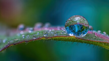 Close-up of a dew-kissed leaf, with a large droplet magnifying the scene, smaller droplets scattered along the textured surface