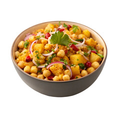 Bowl of chickpea and potato chaat with pomegranate seeds and herbs graphic design
