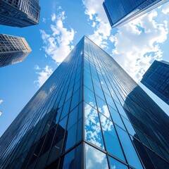 Glass-clad skyscraper reaches to a blue sky filled with fluffy white clouds, taken from a ground-level low angle perspective