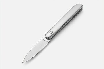 Sleek, silver folding pocket knife with a slender blade and rounded handle, photographed against a neutral backdrop.  The knife is closed