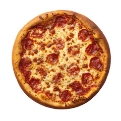 Round pizza, topped with pepperoni and melted cheese, served as a whole pie