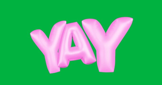 After appearing 3D YAY letters drawing bubbles then shedding to celebrate on transparent background